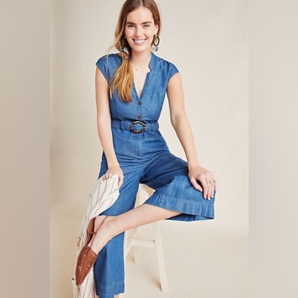 Anthropologie Pilcro Jinxed Cotton Denim Wide Leg Jumpsuit Belted Size 6 Retro